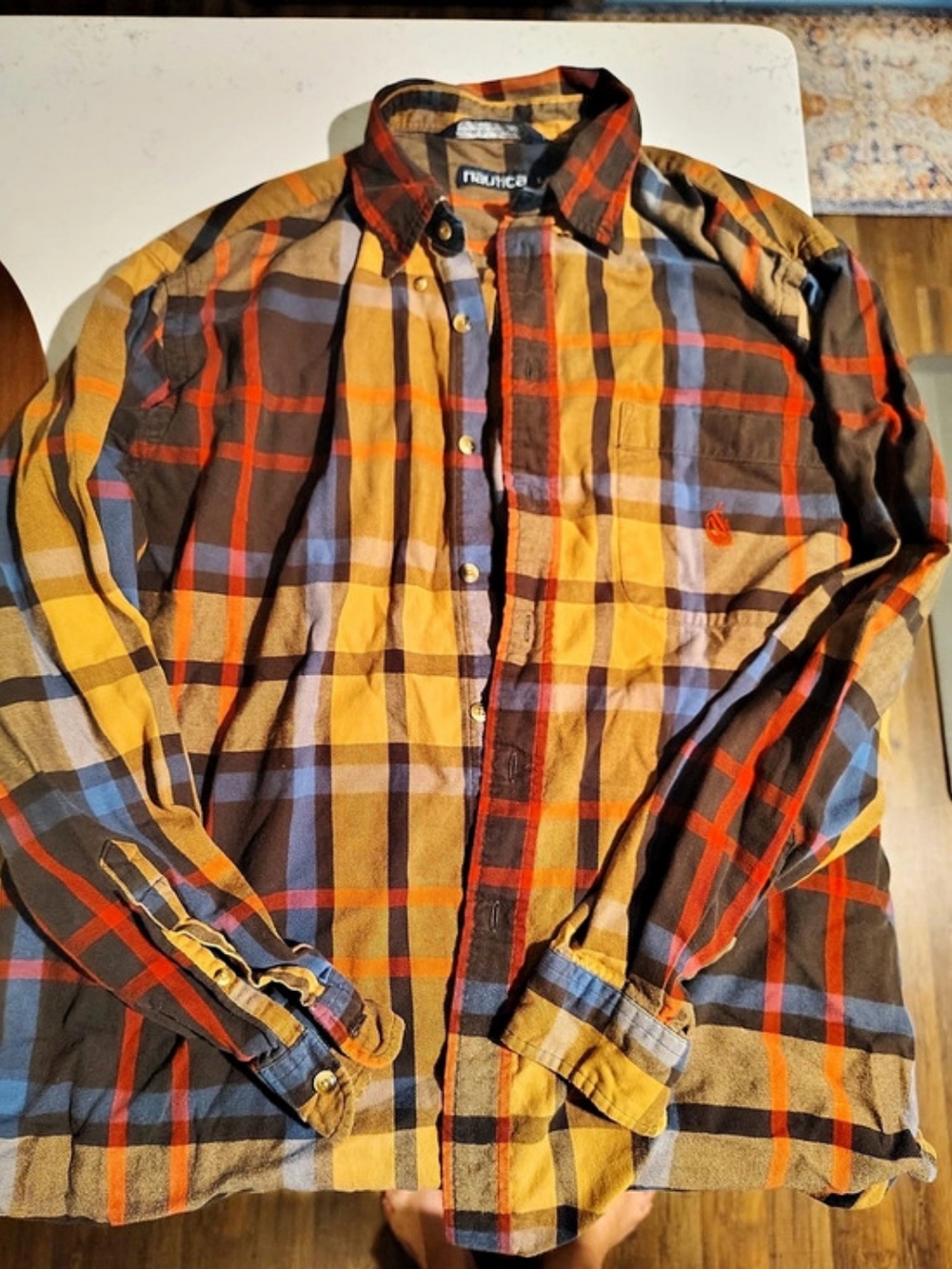 Vintage Men's Nautica Plaid Button Front Shirt in Brown, Orange & Yellow, Large